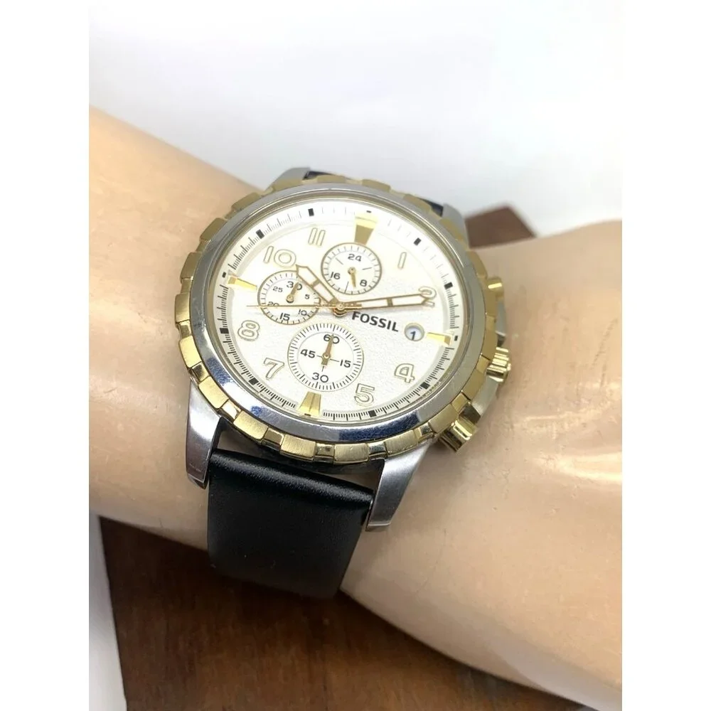 Fossil Men's Watch FS4795IE Quartz Chronograph Silver Dial Black Leather 45mm